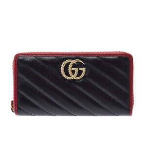 Gucci GG Marmont Round Zip Long Wallet Black Red Leather